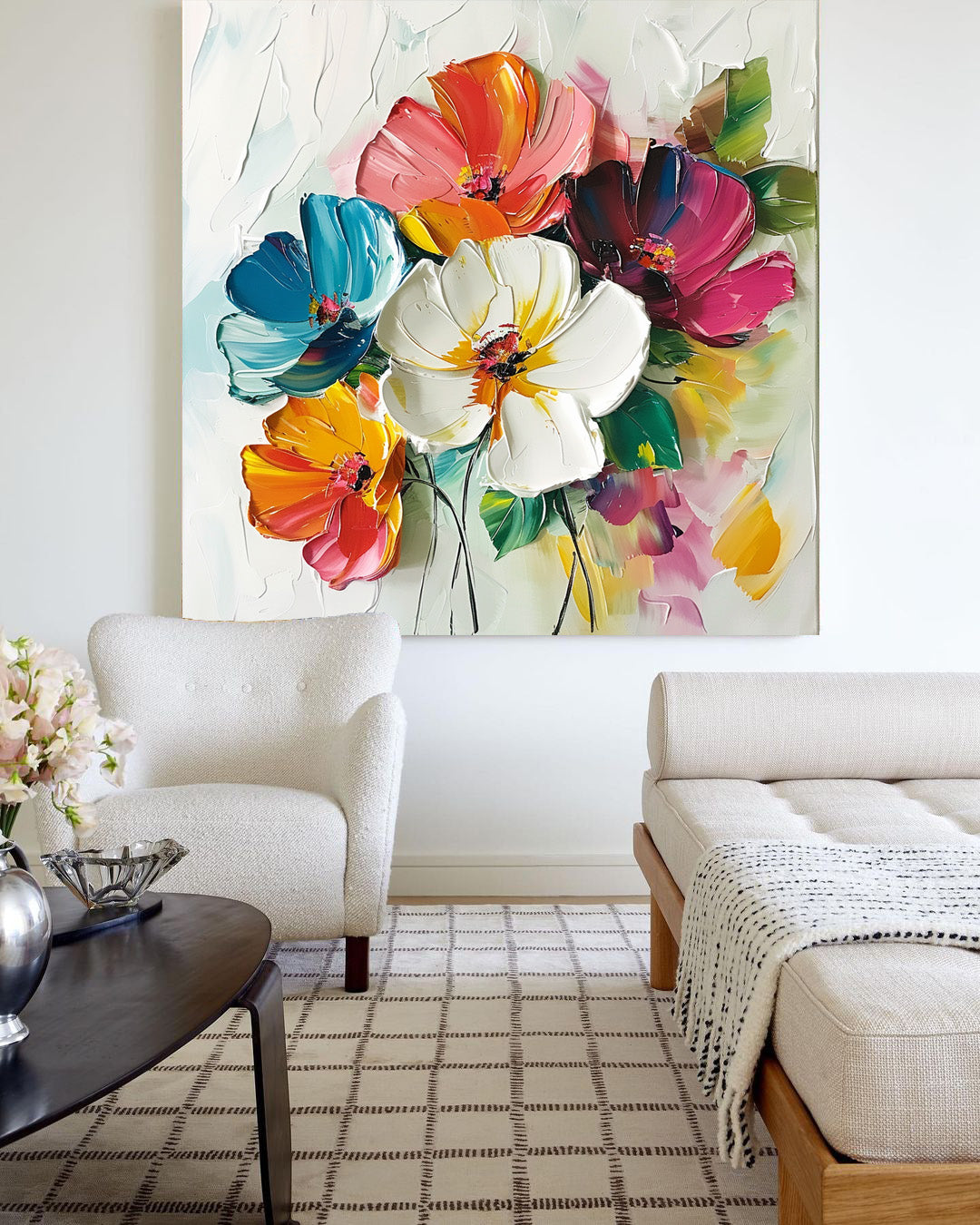 Vibrant Floral Abstract Oil Painting with Bold Colors and Dynamic Texture