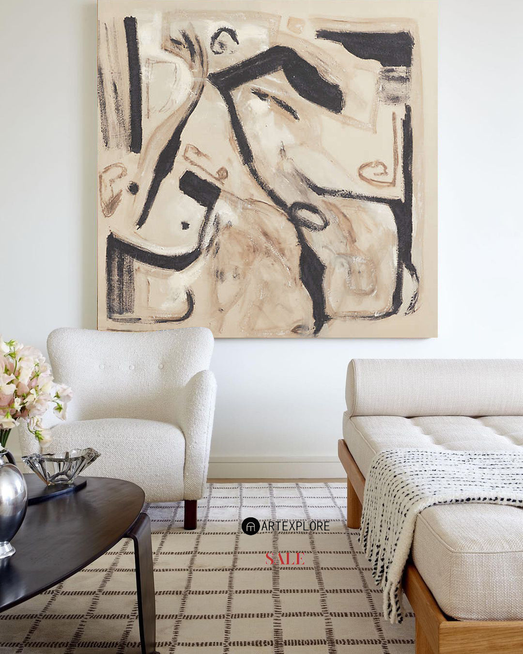 Contemporary Abstract Oil Painting with Bold Lines and Earthy Tones for Modern Decor