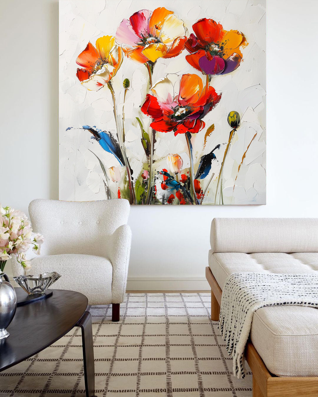 Vibrant Abstract Floral Oil Painting with Colorful Poppies for Modern Home Décor