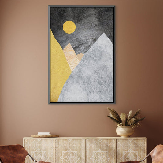 Modern Abstract Mountain Landscape Oil Painting with Gold Accent