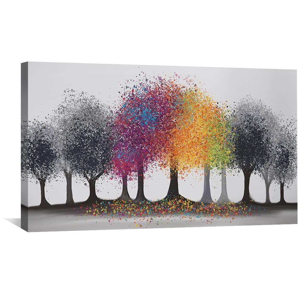 Vibrant Trees in Grey Forest - Colorful Abstract Oil Painting for Home Decor