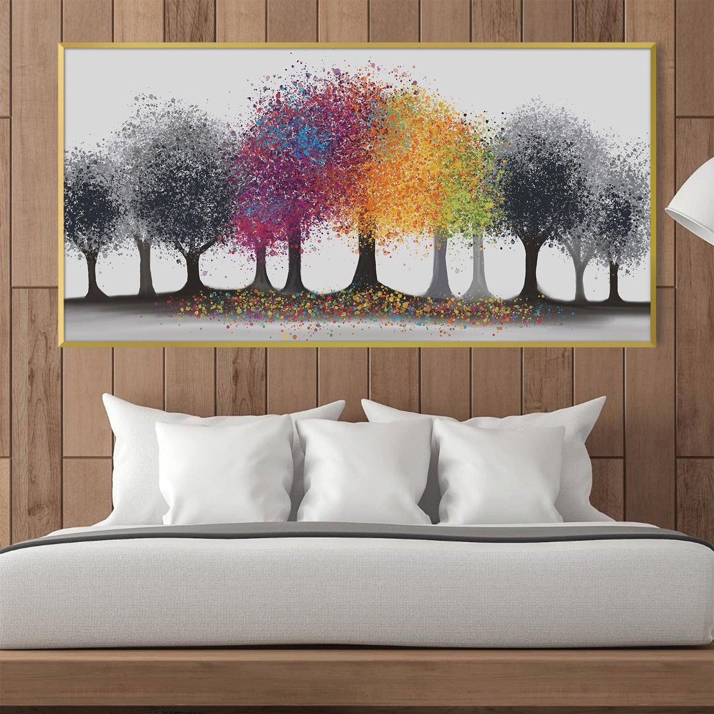 Vibrant Trees in Grey Forest - Colorful Abstract Oil Painting for Home Decor