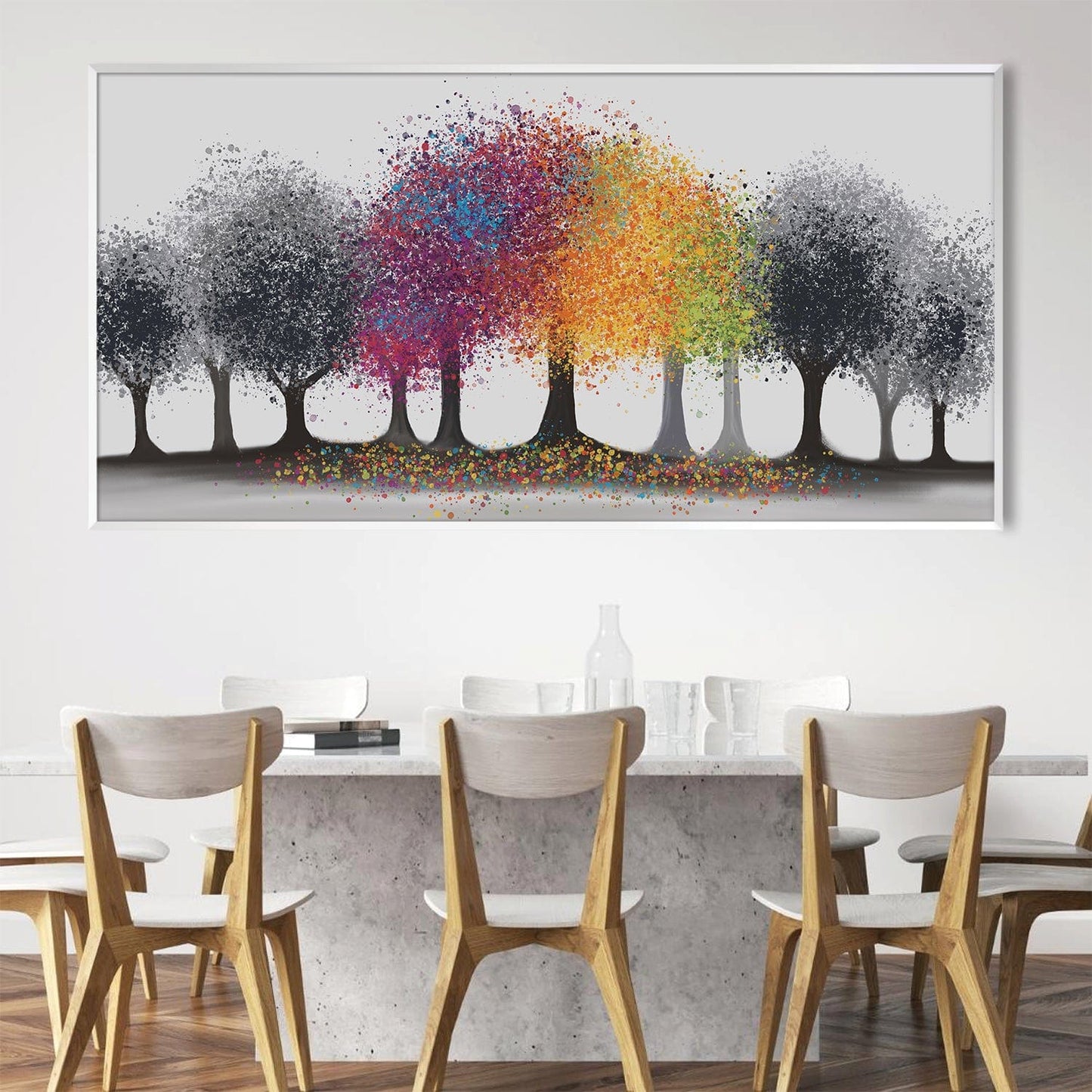 Vibrant Trees in Grey Forest - Colorful Abstract Oil Painting for Home Decor