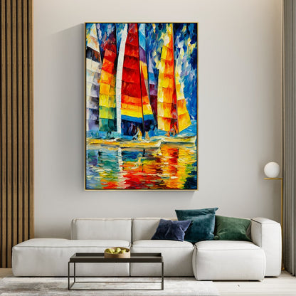 Vibrant Sailing Yachts in Colorful Waters - Stunning Oil Painting for Nautical Decor