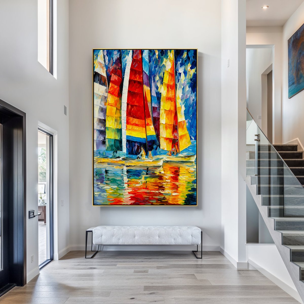 Vibrant Sailing Yachts in Colorful Waters - Stunning Oil Painting for Nautical Decor