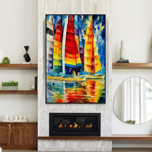 Vibrant Sailing Yachts in Colorful Waters - Stunning Oil Painting for Nautical Decor