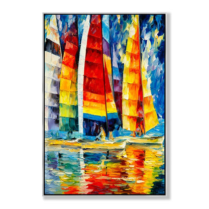 Vibrant Sailing Yachts in Colorful Waters - Stunning Oil Painting for Nautical Decor