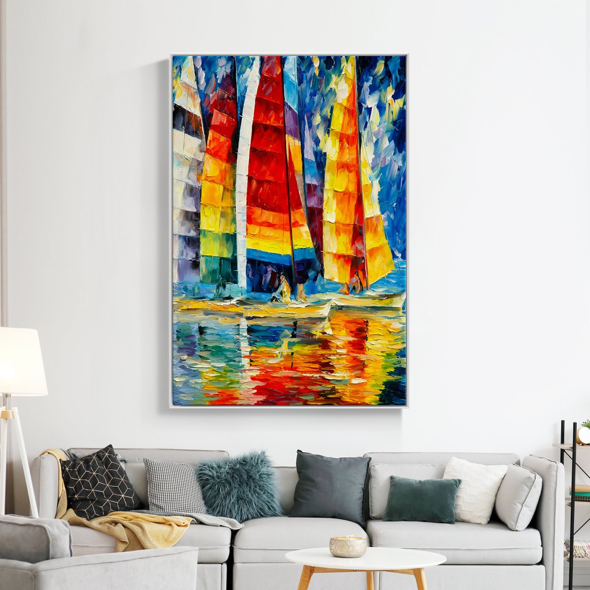 Vibrant Sailing Yachts in Colorful Waters - Stunning Oil Painting for Nautical Decor