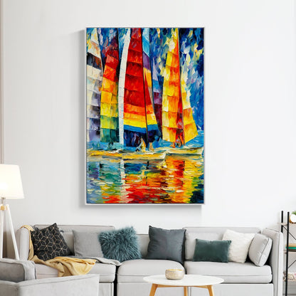 Vibrant Sailing Yachts in Colorful Waters - Stunning Oil Painting for Nautical Decor