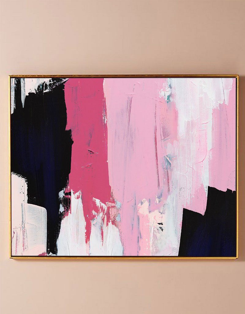 Vibrant Pink and Black Abstract Oil Painting for Modern Home Decor