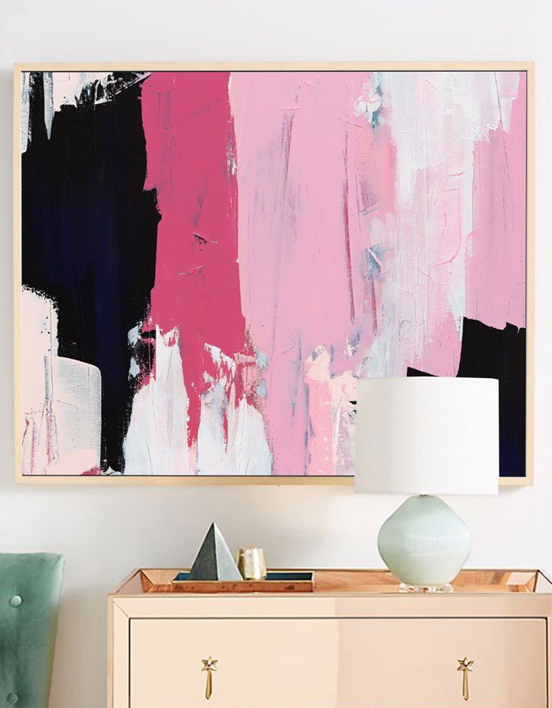 Vibrant Pink and Black Abstract Oil Painting for Modern Home Decor