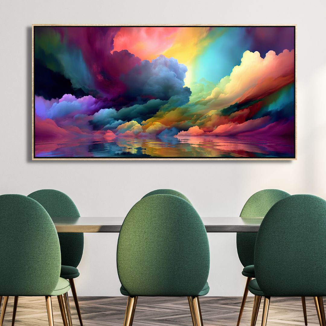 Vibrant Abstract Oil Painting of Colorful Clouds Reflecting on Serene Lake