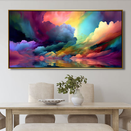 Vibrant Abstract Oil Painting of Colorful Clouds Reflecting on Serene Lake