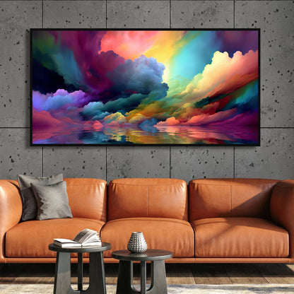 Vibrant Abstract Oil Painting of Colorful Clouds Reflecting on Serene Lake