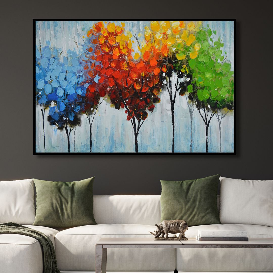 Vibrant Abstract Oil Painting of Colorful Trees for Modern Home Décor