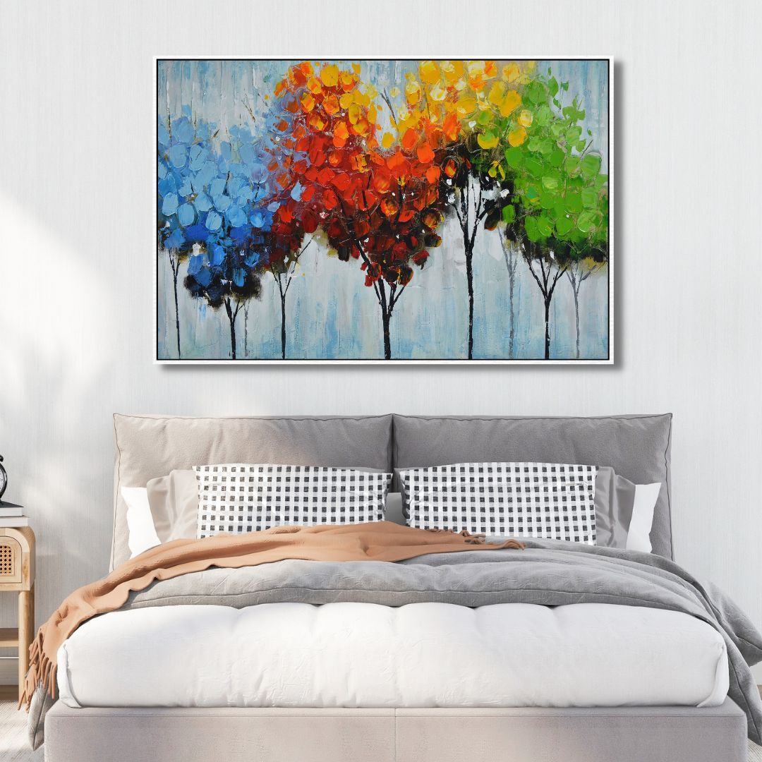 Vibrant Abstract Oil Painting of Colorful Trees for Modern Home Décor