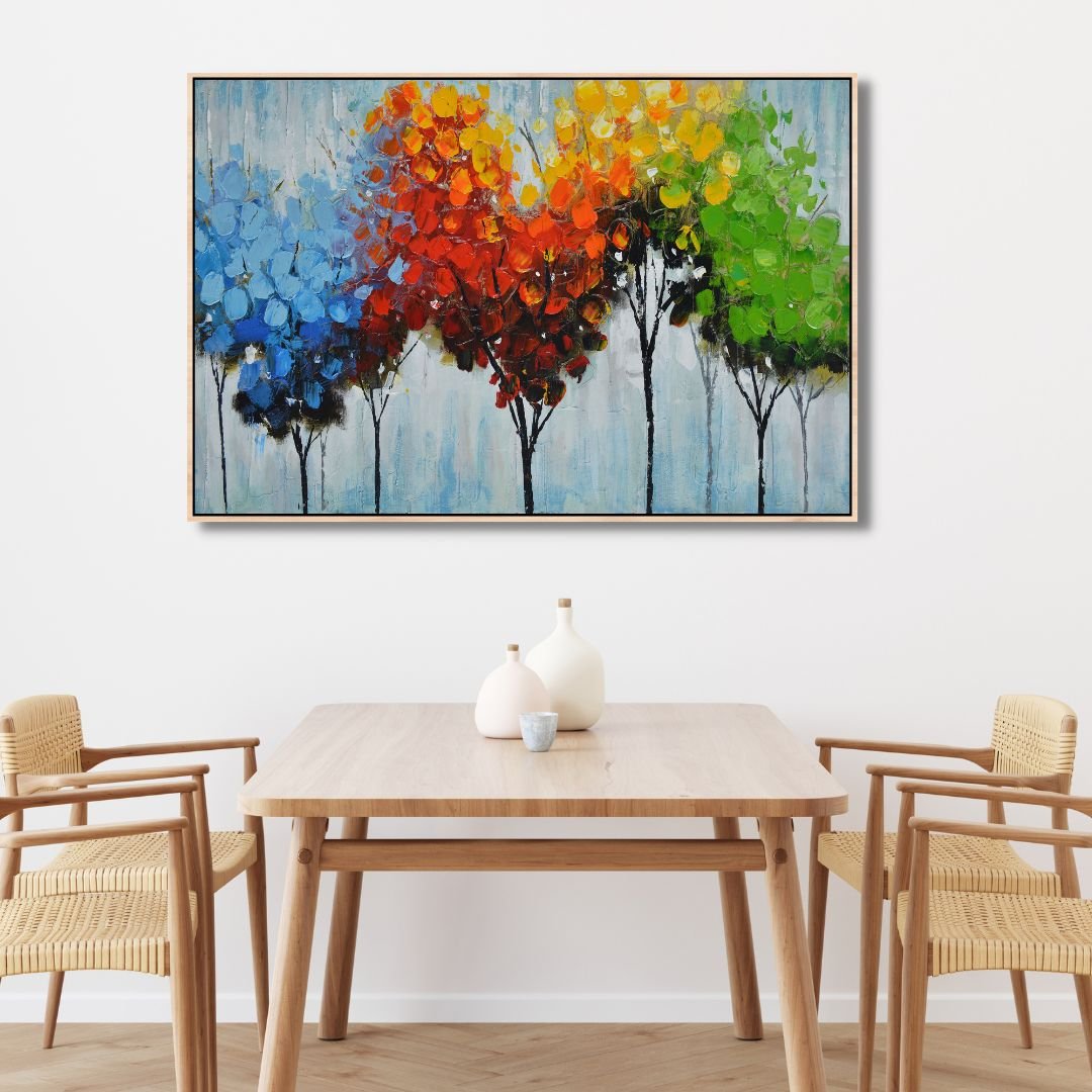 Vibrant Abstract Oil Painting of Colorful Trees for Modern Home Décor