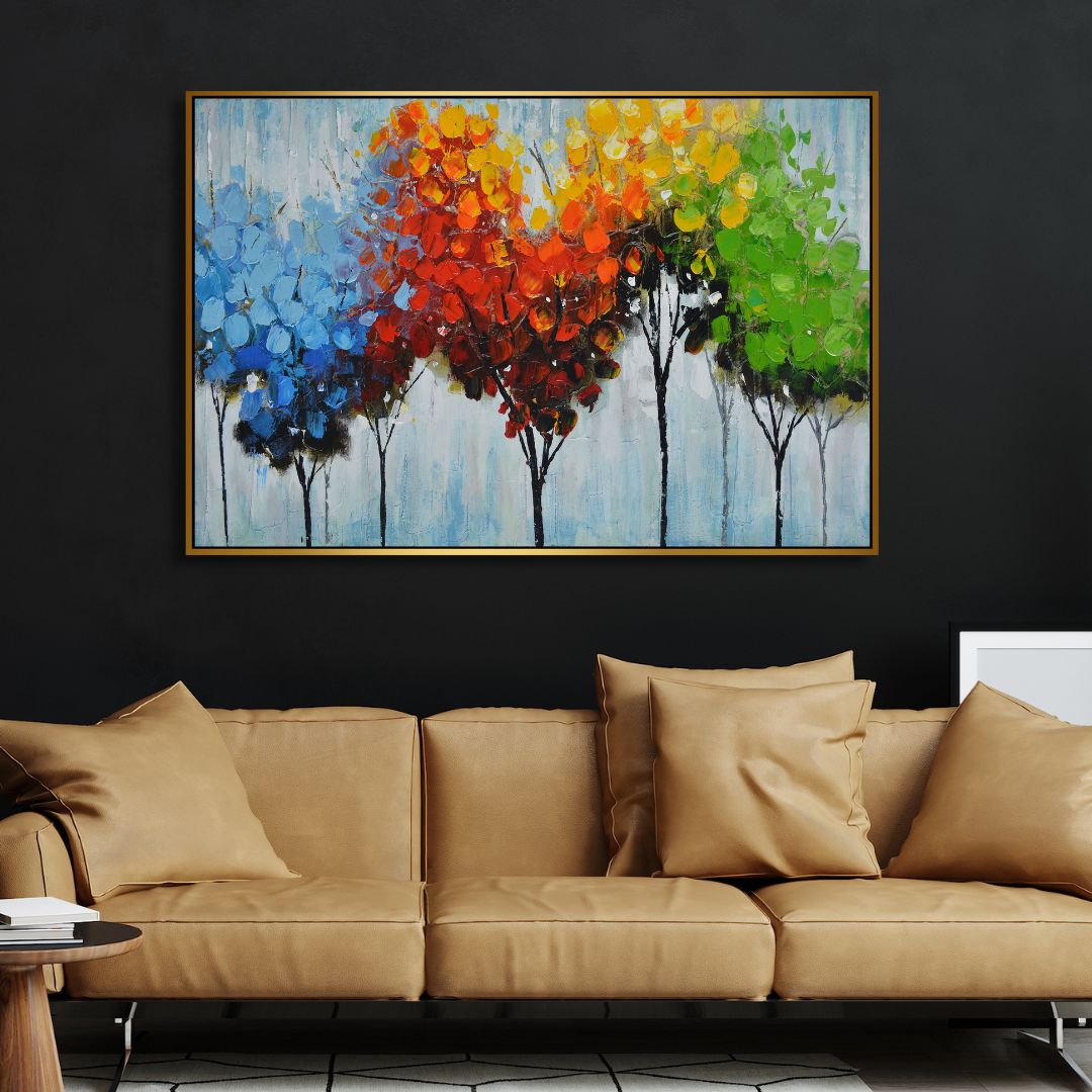 Vibrant Abstract Oil Painting of Colorful Trees for Modern Home Décor