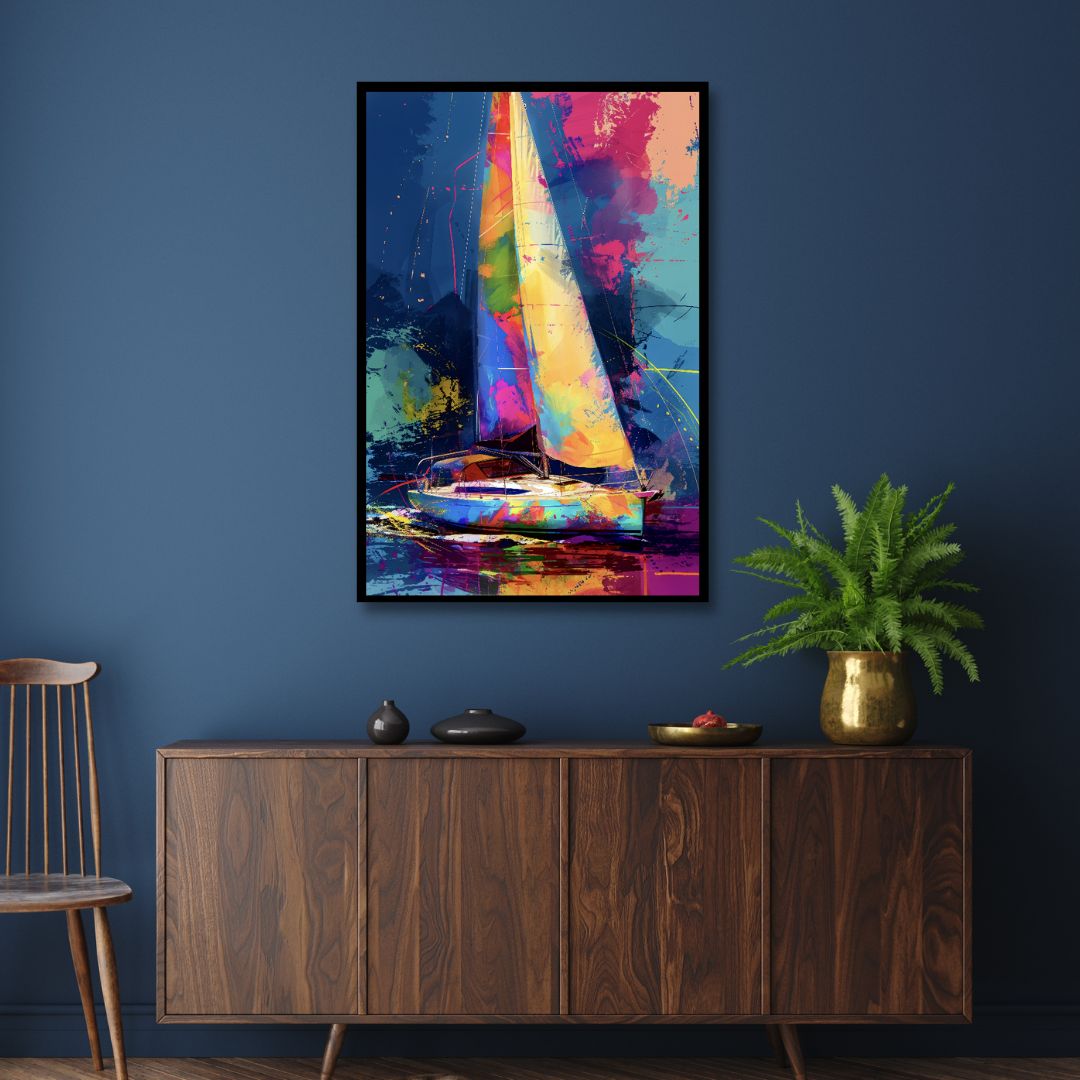 Vibrant Abstract Yacht Oil Painting for Colorful Home Decor & Nautical Art Lovers