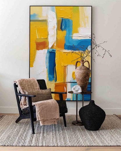 Vibrant Abstract Oil Painting in Blue and Yellow for Modern Art Enthusiasts