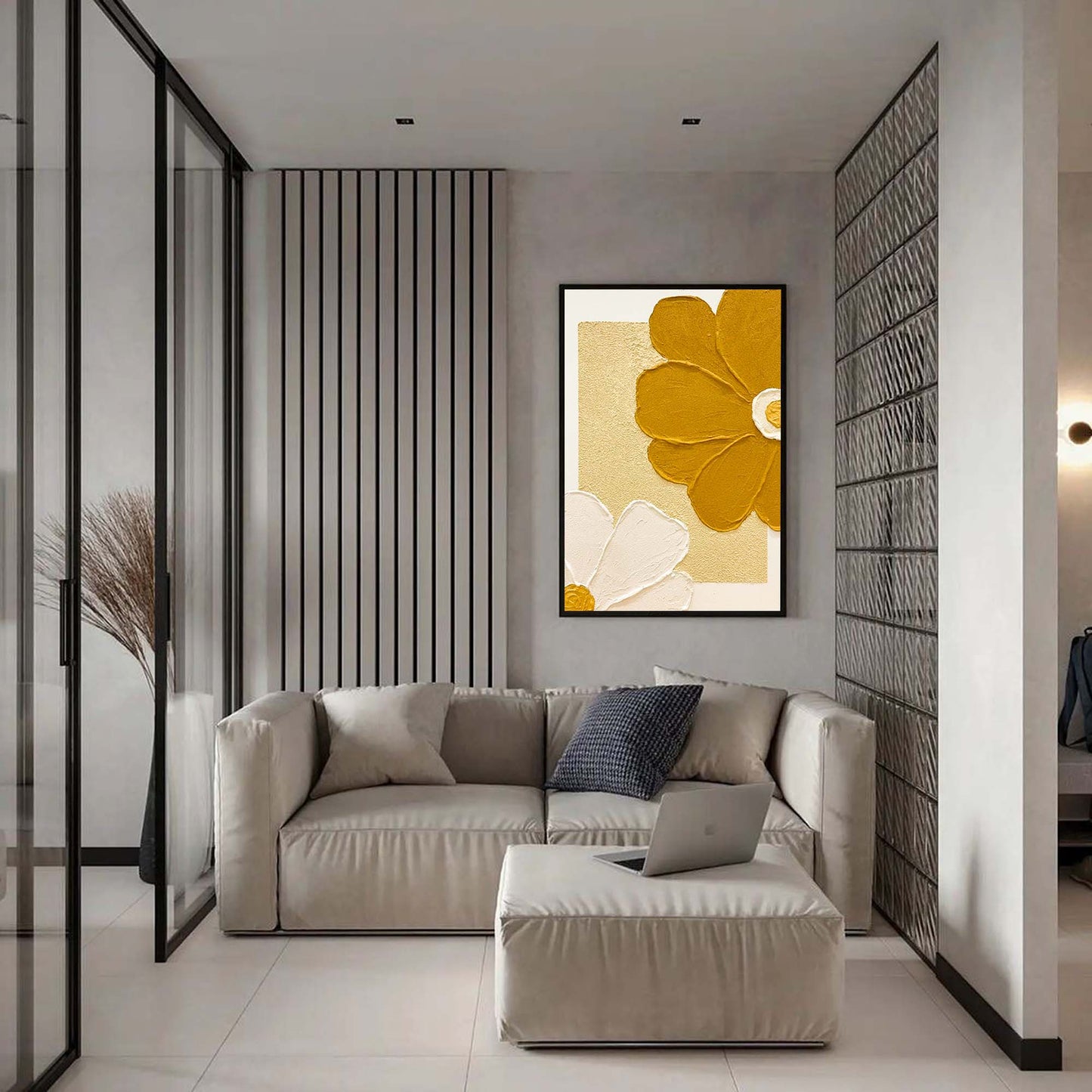 Vibrant Floral Oil Painting on Canvas with Golden Accents for Home Decor