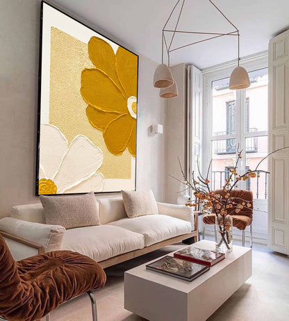 Vibrant Floral Oil Painting on Canvas with Golden Accents for Home Decor