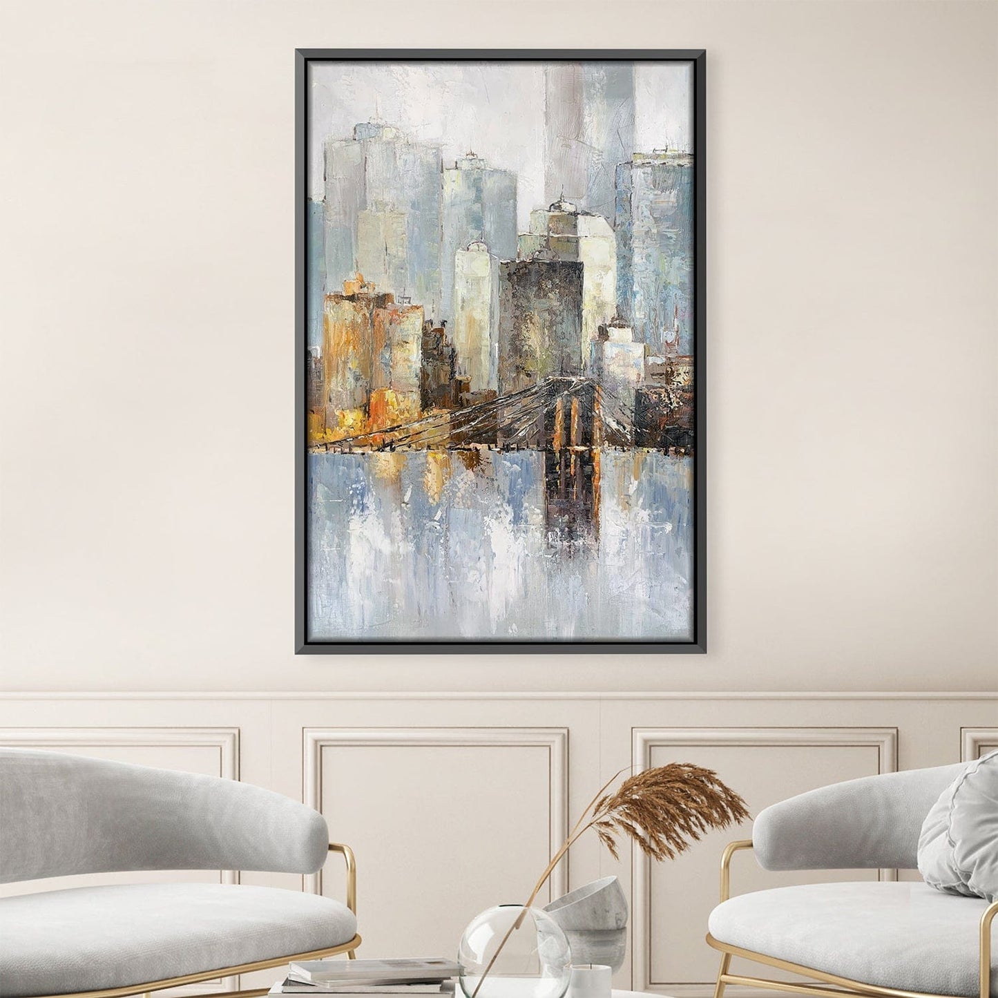 Urban Reflections: Abstract Cityscape Oil Painting for Modern Home Decor