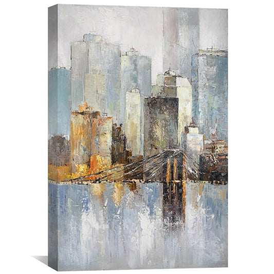 Urban Reflections: Abstract Cityscape Oil Painting for Modern Home Decor