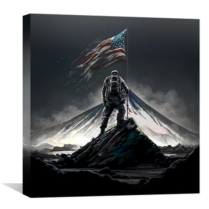 Triumphant Ascent: American Flag on Mountain Canvas Art