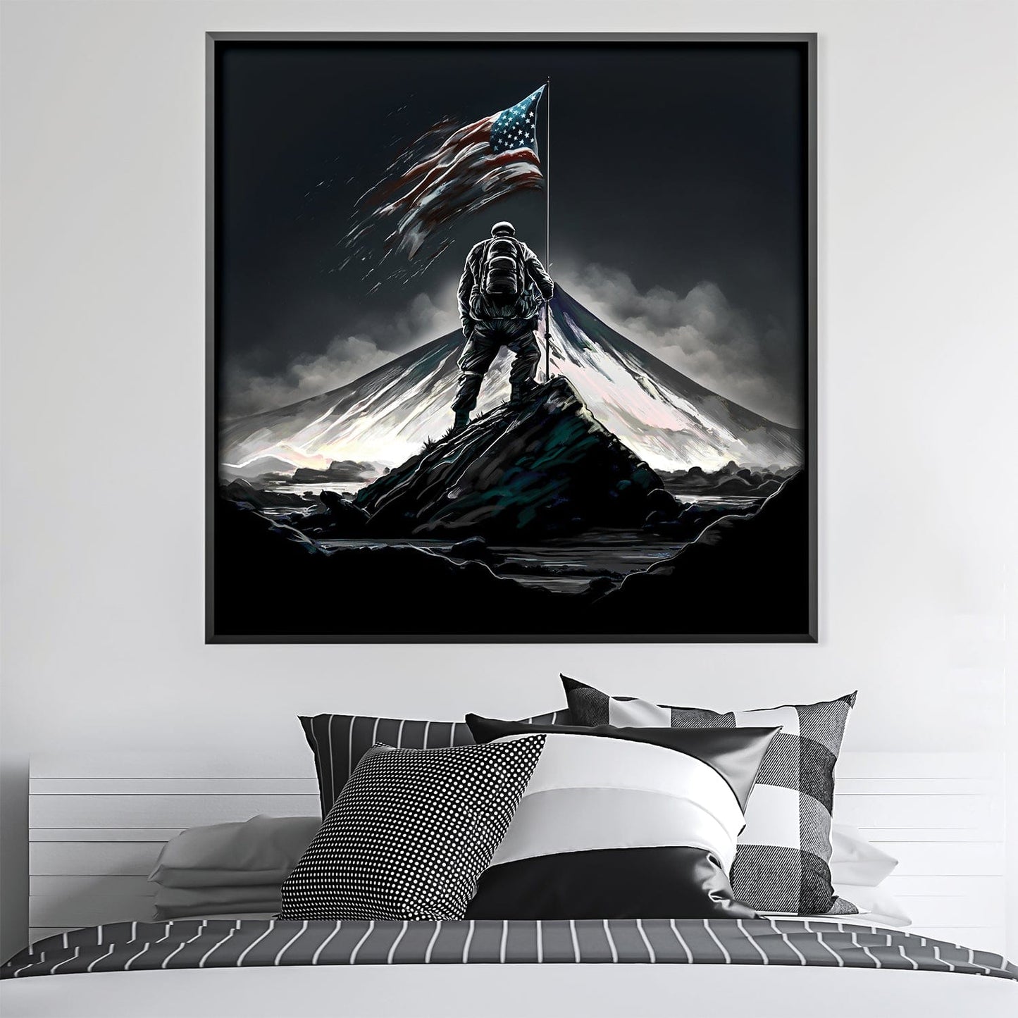 Triumphant Ascent: American Flag on Mountain Canvas Art