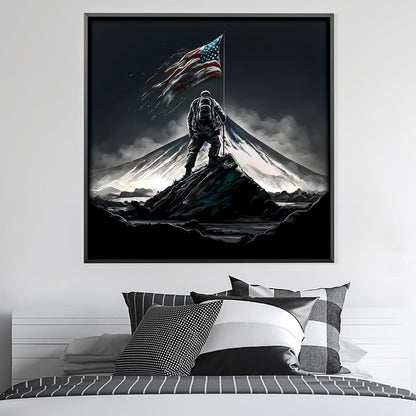 Triumphant Ascent: American Flag on Mountain Canvas Art