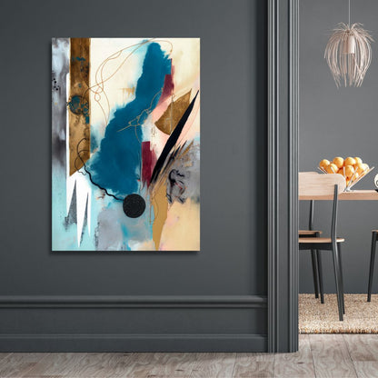 Abstract Blue, Gold, and Gray Oil Painting for Modern Home Decor