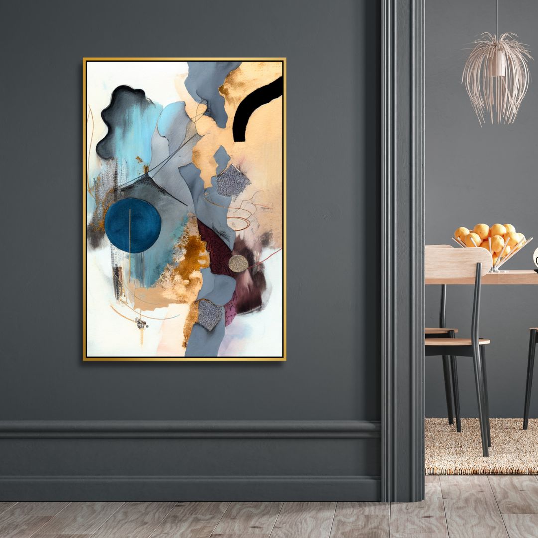 Abstract Blue, Gold, and Gray Oil Painting for Modern Home Decor