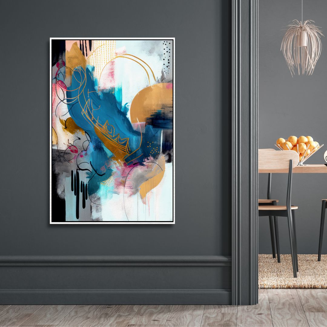 Abstract Blue, Gold, and Gray Oil Painting for Modern Home Decor