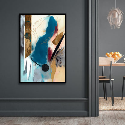 Abstract Blue, Gold, and Gray Oil Painting for Modern Home Decor