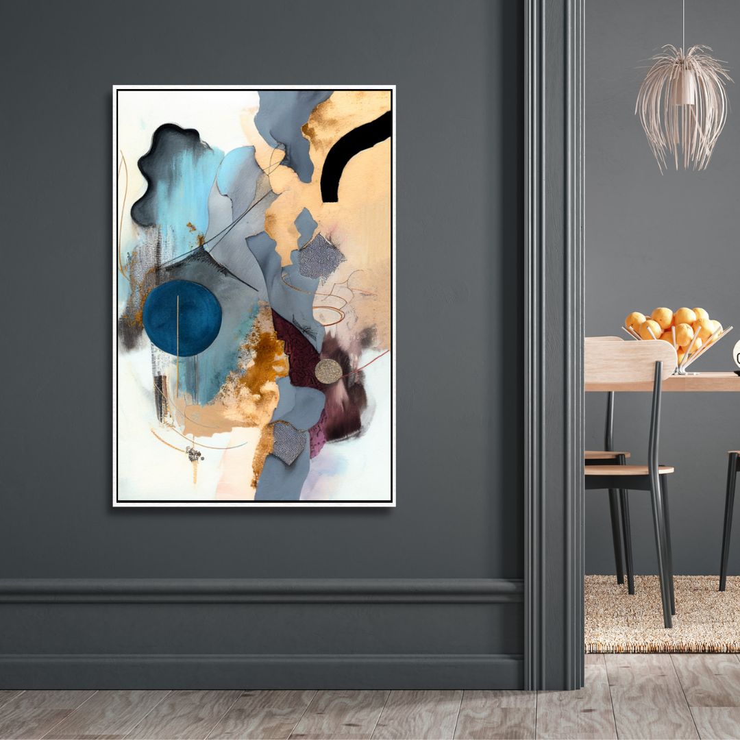 Abstract Blue, Gold, and Gray Oil Painting for Modern Home Decor