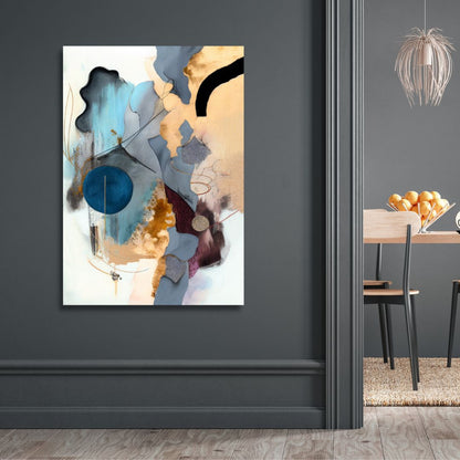 Abstract Blue, Gold, and Gray Oil Painting for Modern Home Decor