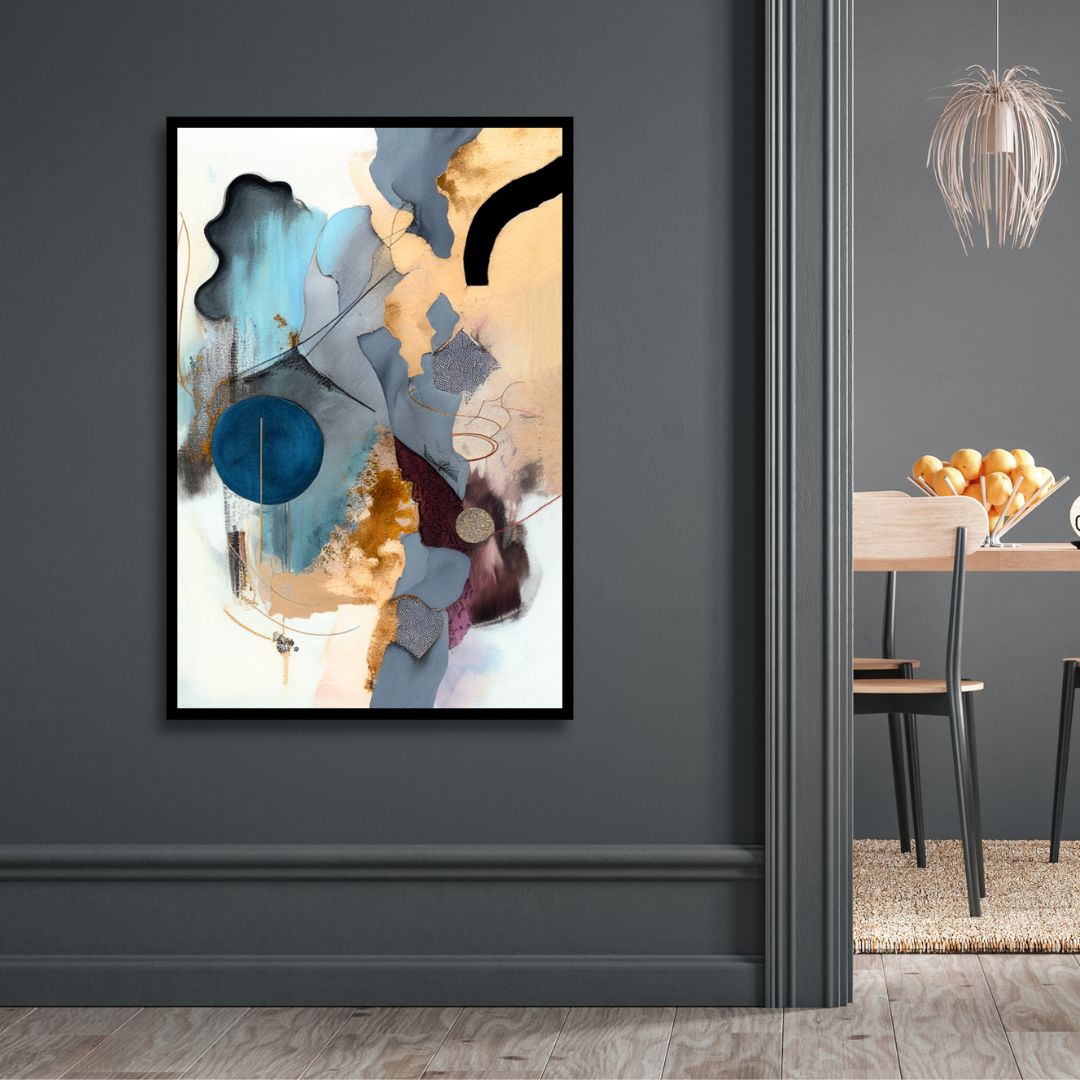 Abstract Blue, Gold, and Gray Oil Painting for Modern Home Decor