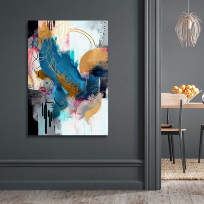 Abstract Blue, Gold, and Gray Oil Painting for Modern Home Decor