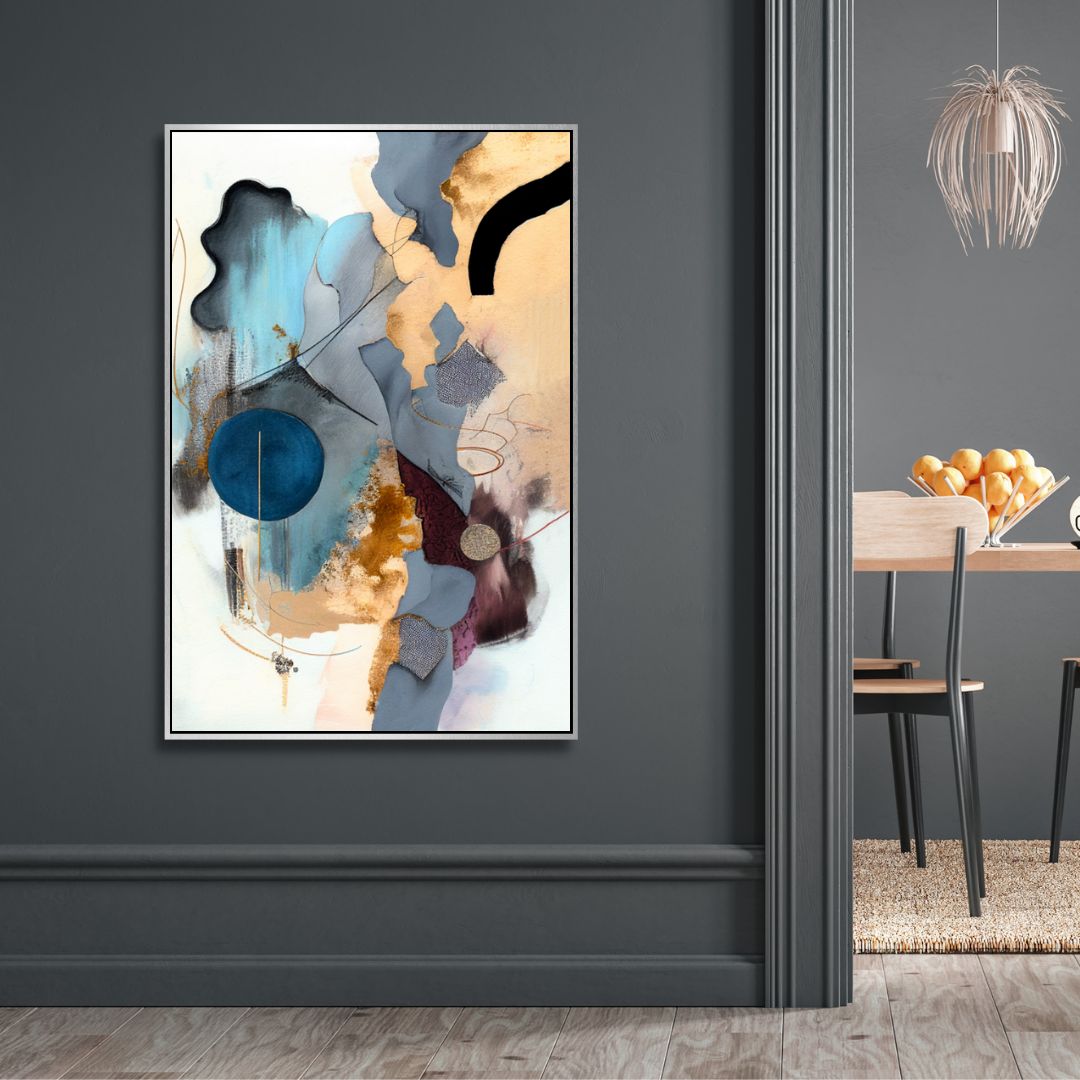 Abstract Blue, Gold, and Gray Oil Painting for Modern Home Decor