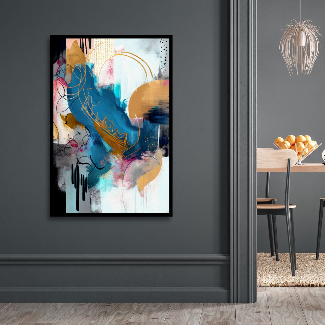 Abstract Blue, Gold, and Gray Oil Painting for Modern Home Decor