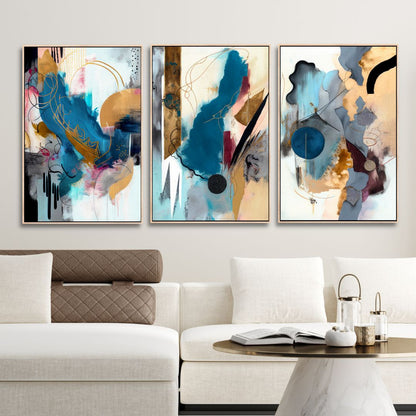 Abstract Blue, Gold, and Gray Oil Painting for Modern Home Decor