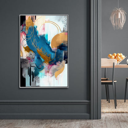 Abstract Blue, Gold, and Gray Oil Painting for Modern Home Decor