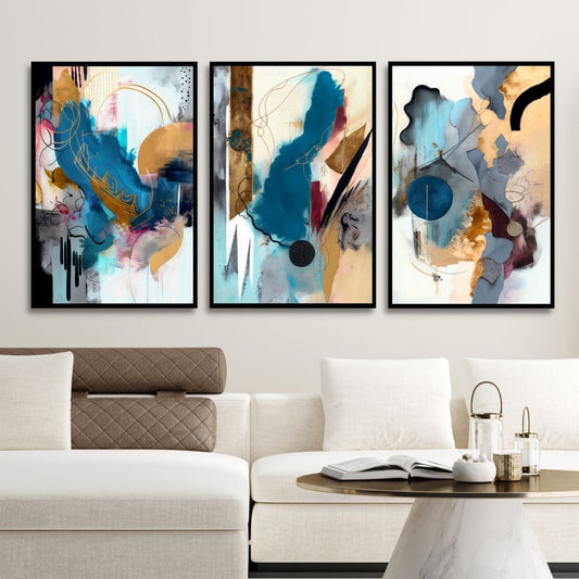 Abstract Blue, Gold, and Gray Oil Painting for Modern Home Decor