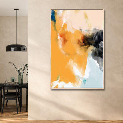 Vibrant Abstract Oil Painting in Yellow, Blue, and Beige for Modern Decor