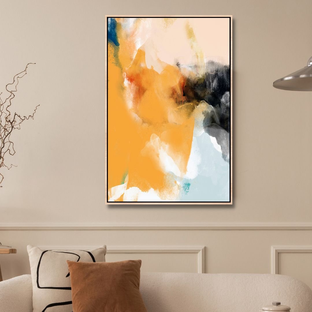 Vibrant Abstract Oil Painting in Yellow, Blue, and Beige for Modern Decor