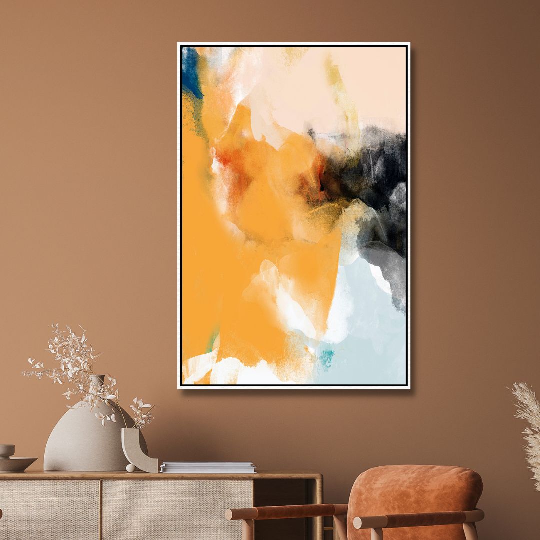 Vibrant Abstract Oil Painting in Yellow, Blue, and Beige for Modern Decor