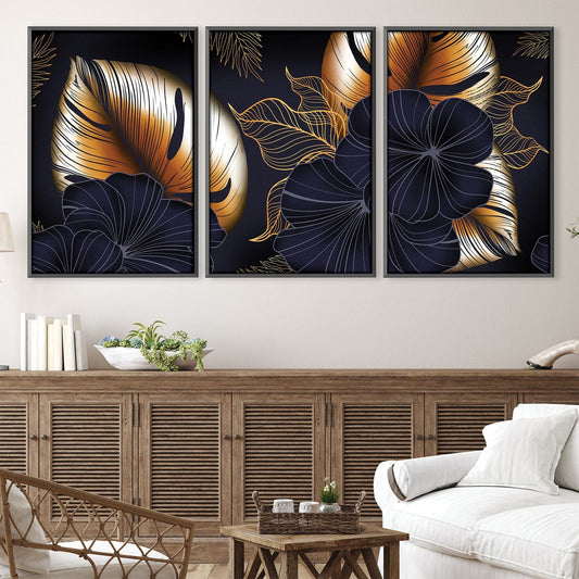Elegant Floral Contrast Triptych Oil Painting for Modern Home Decor