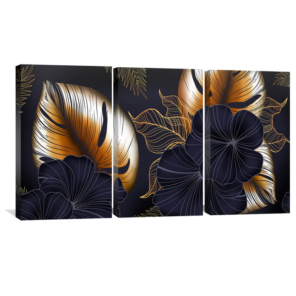 Elegant Floral Contrast Triptych Oil Painting for Modern Home Decor