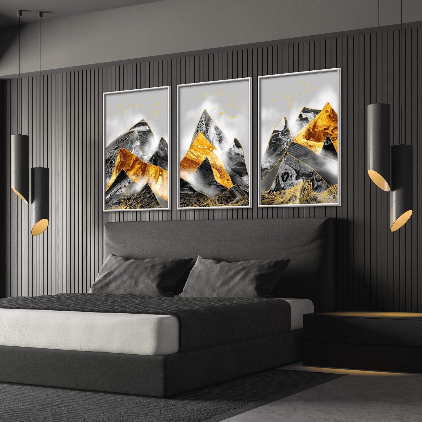 Stunning Gold and Black Mountain Landscape Oil Painting for Modern Decor